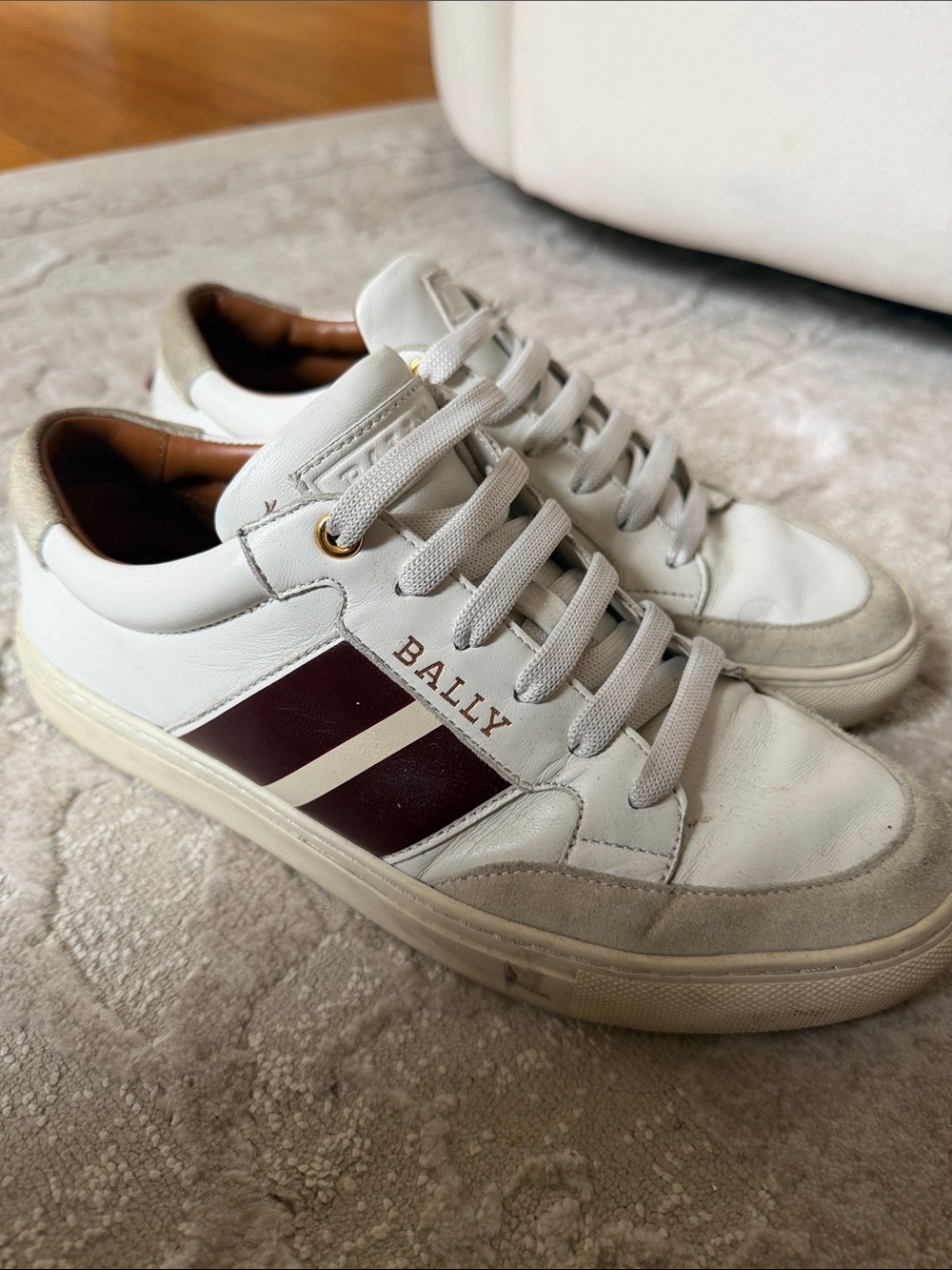 Bally White Leather Sneakers with Burgundy and Cream Stripes